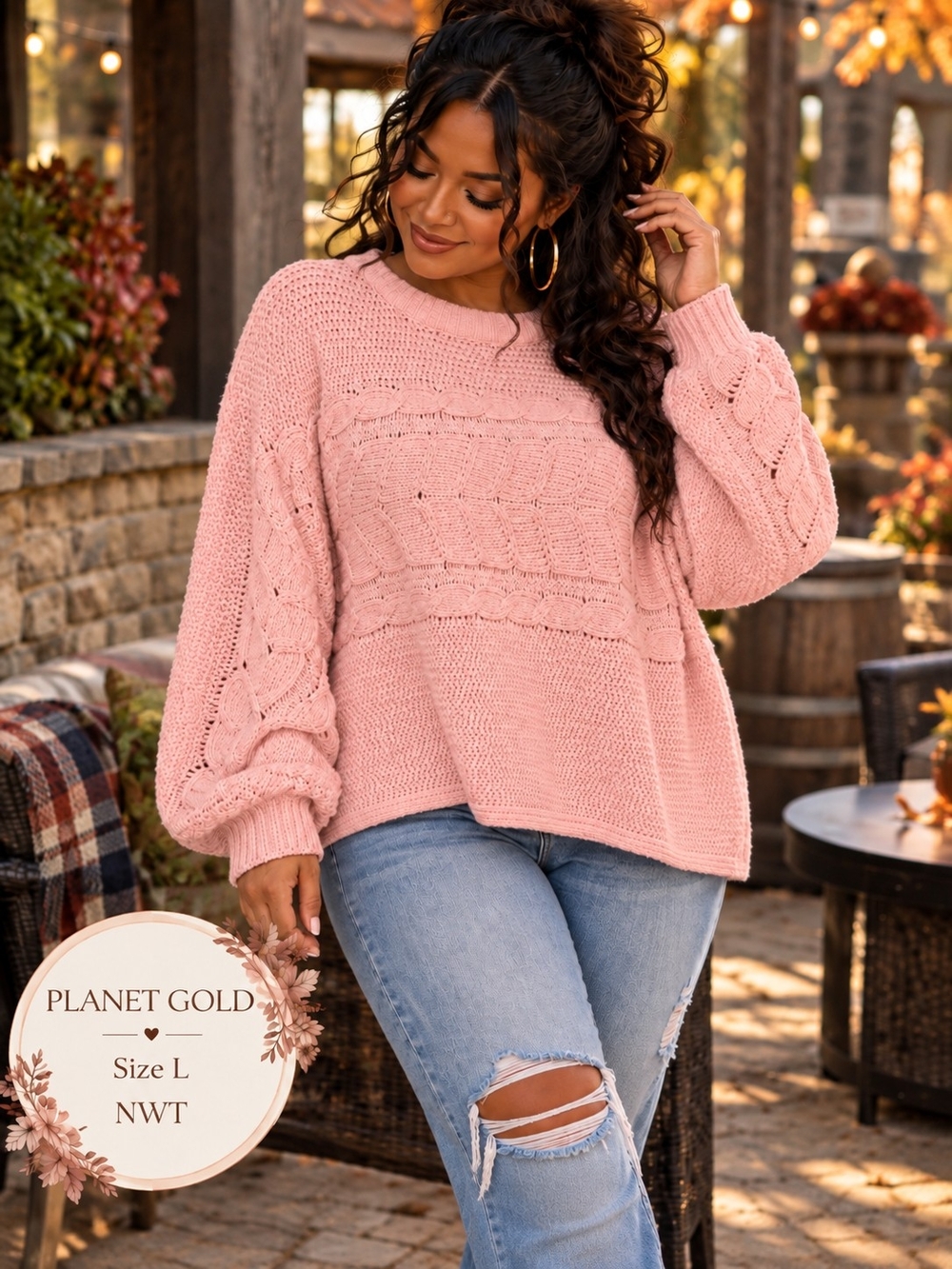 Planet Gold NWT Blush Pink Cable Knit Drop Shoulder Sweater Size L